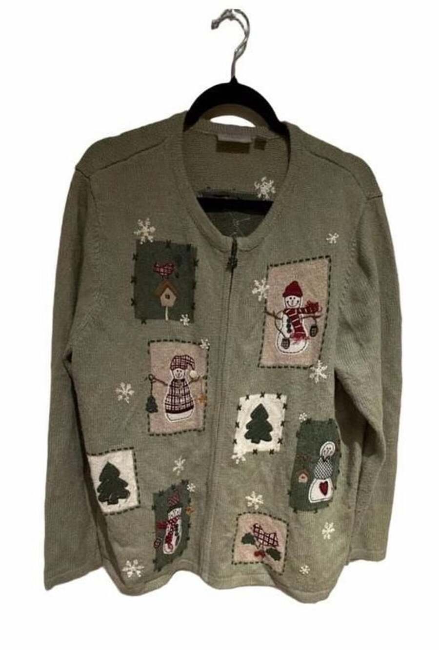 Croft & Barrow Green Winter Snowman Christmas Full Zip Cardigan Sweater Size 1X